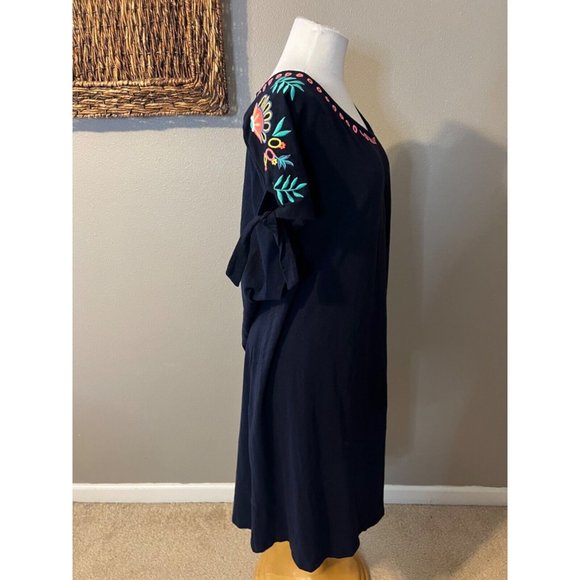 Talbots Dress 3X Blue Embroidered Short Tie Sleeve Cotton Washable - Picture 11 of 14